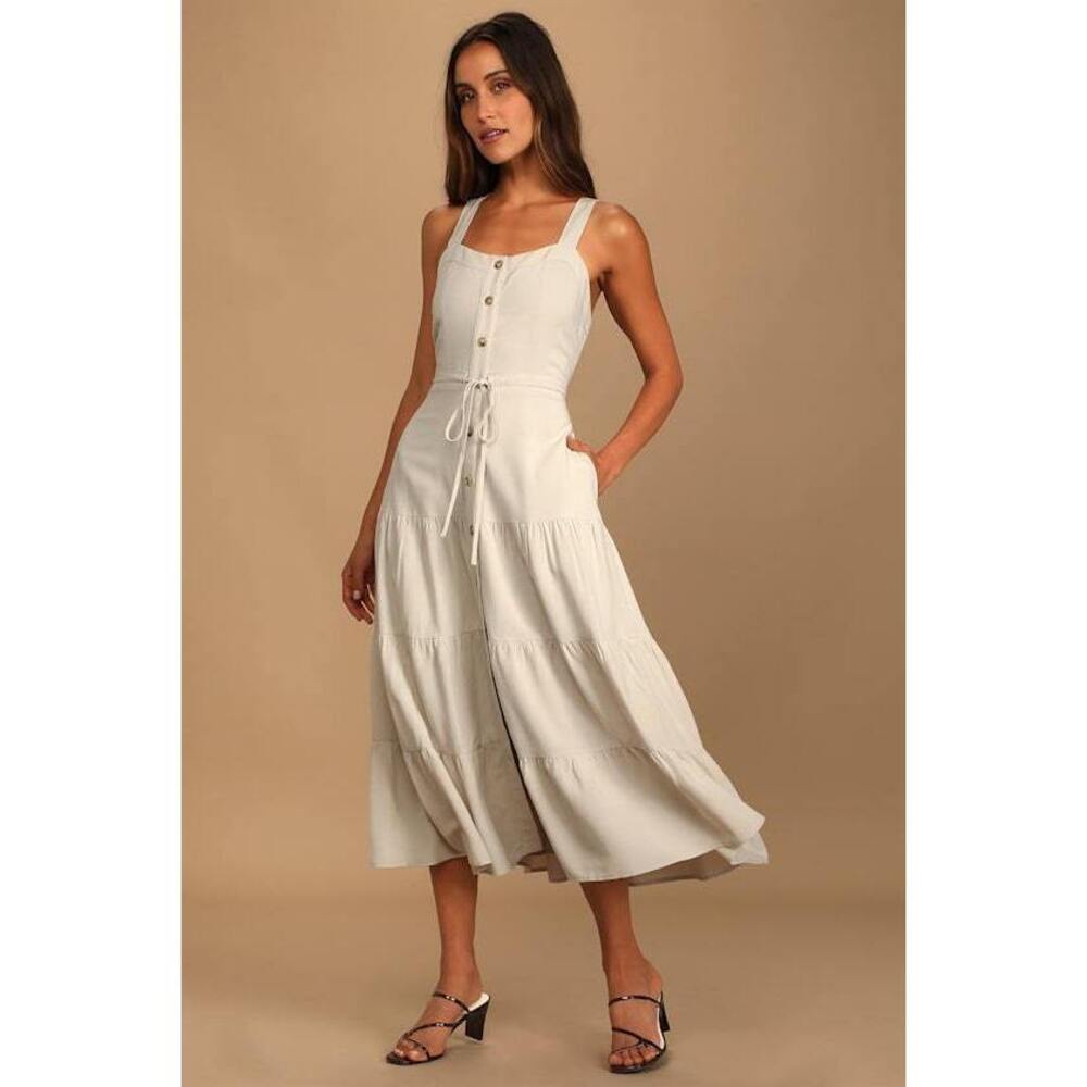 Lulus See The City Beige Button-front Tiered Midi Dress - Size XL
